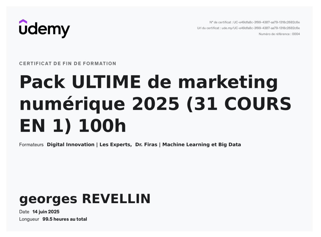 Certificat marketing digital Udemy
